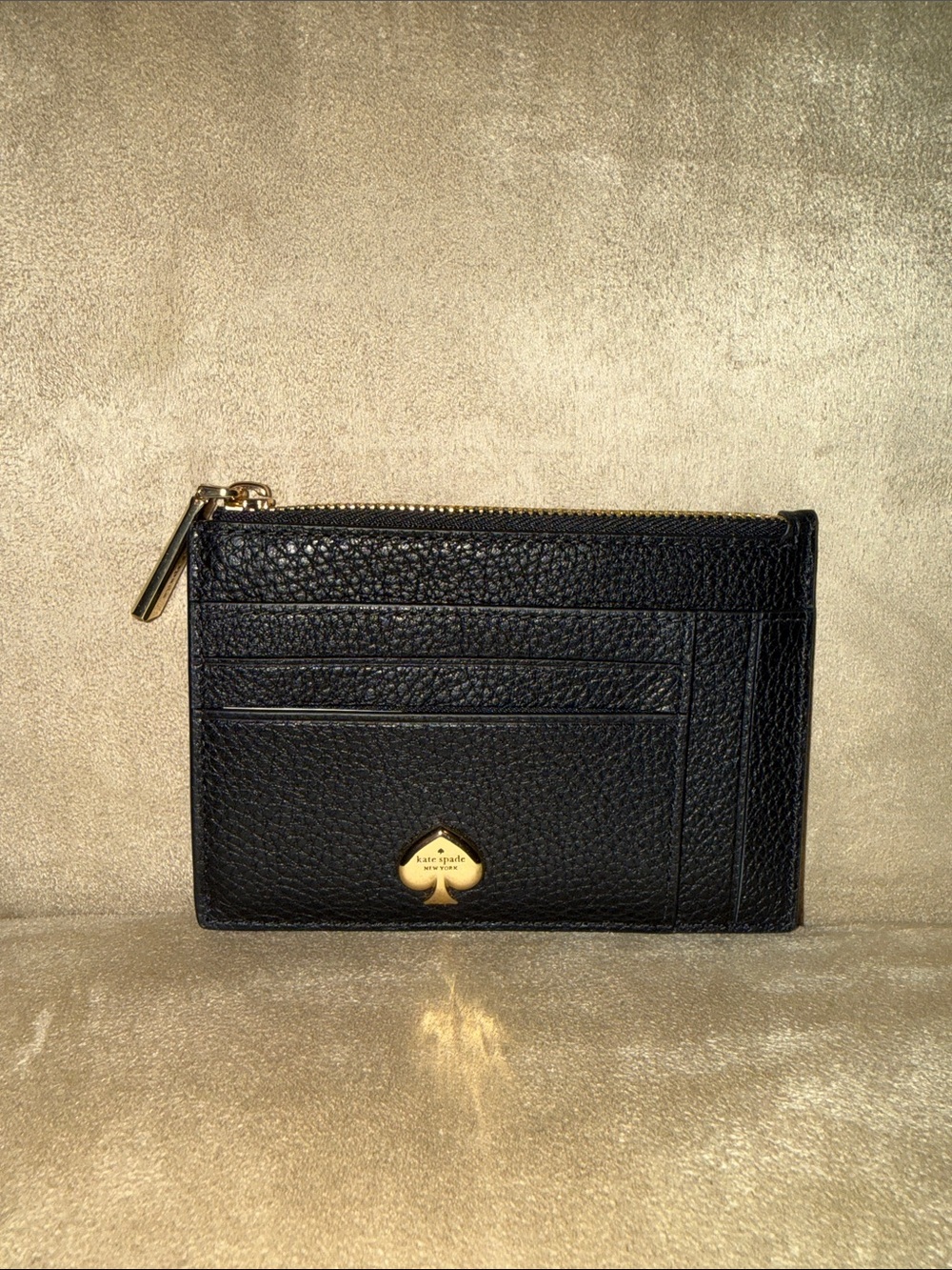 Kate Spade Kayla Large Slim Black Leather Zip Card Wallet with Gold Spade Accent